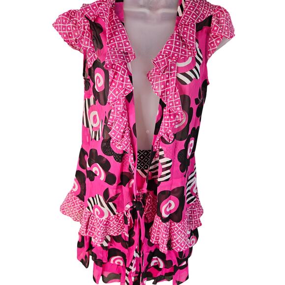 Celia Birdwell Vintage 2 Piece Skirt set Pink Black White Wrap Top Ruffled Sz SM - Picture 10 of 14